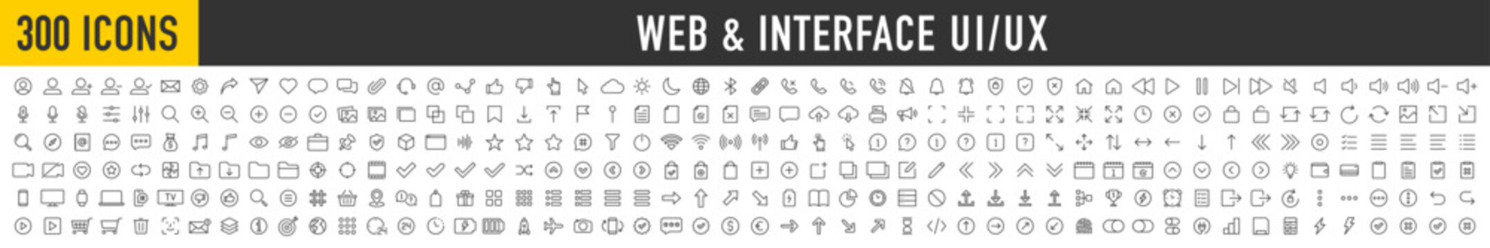 Set of 300 Interface ui, ux web icons in line style. User, profile, message, mobile app, document file, social media, button, home, chat, arrow, collection. Vector illustration.