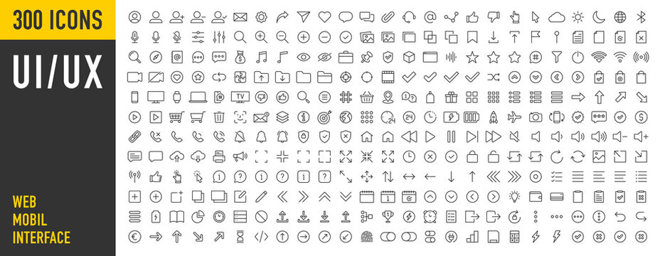 Set of 300 Interface ui, ux web icons in line style. User, profile, message, mobile app, document file, social media, button, home, chat, arrow, collection. Vector illustration.