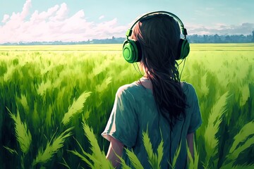 A cute anime girl in a green field with headphones listening to music, generative ai