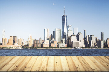 Fototapeta na wymiar Table top made of wooden dies with New York city view on background, template