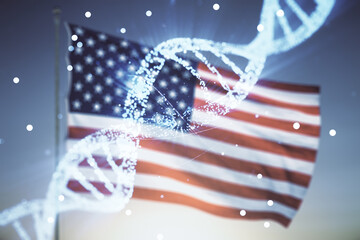 Virtual DNA symbol illustration on US flag and blue sky background. Genome research concept....