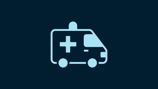White Ambulance and emergency car icon isolated on blue background. Ambulance vehicle medical evacuation. 4K Video motion graphic animation