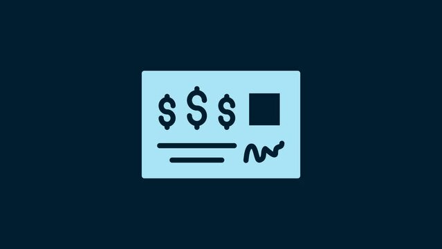 White Blank template of the bank check and pen icon isolated on blue background. Checkbook cheque page with empty fields to fill. 4K Video motion graphic animation