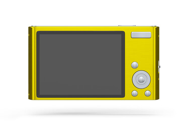 Stylish yellow compact pocket digital camera isolated on white background