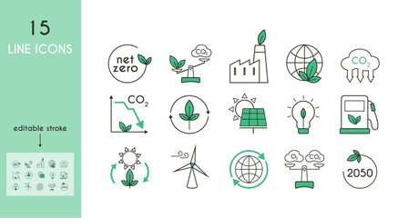 Net zero line icon set. Carbon neutral and net zero concept.  Green energy, CO2 neutral, save Earth. Editable vector stroke. Simple sign for ecology 