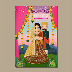 Cute hindu couple in traditional indian dress cartoon character.Romantic wedding invitation card
