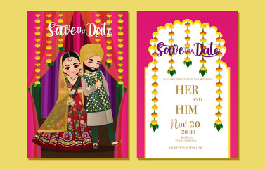 Cute hindu couple in traditional indian dress cartoon character.Romantic wedding invitation card