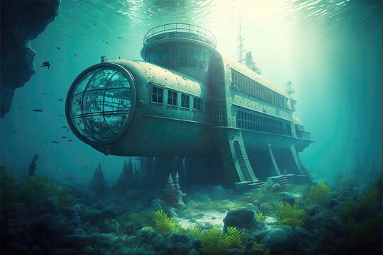 Abandoned underwater research center facility. Generative AI