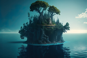 Fantasy landscape with a forest island on the sea. AI