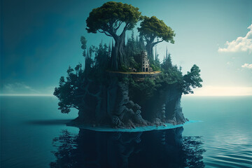 Fototapeta premium Fantasy landscape with a forest island on the sea. AI