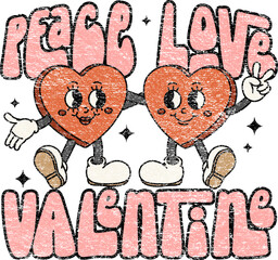 Valentine's Candy hearts are hugging together. Quote- Peace love Valentine. Old animation 60s 70s, funny cartoon characters.Trendy illustration in retro style. Vector on isolated background.