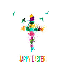 Happy easter cross colored. Flying birds. Vector illustration