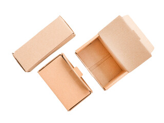 Small cardboard boxes set isolated on white. Top view, png isolated with transparency