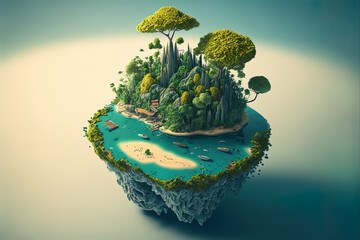 Fantasy landscape with a forest island on the sea. AI