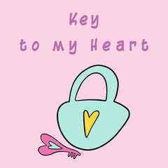 Key to my heart. Happy Valentine day icon in flat minimalistic style.