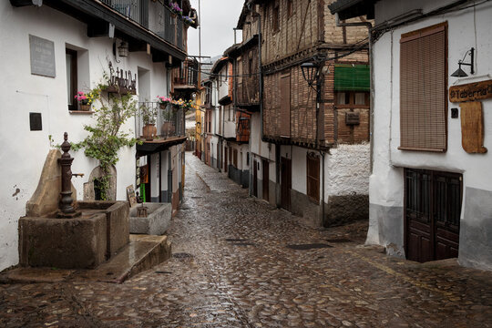 Hervas, Spain - January 8, 2023:  Typical street in the old Jewish quarter of Hervas. Extremadura. Spain.