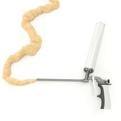 Instrument for construction foam on white background.Gun for construction foam, sealant, glue. Construction foam isolated on white background. Packaging layout. Mounting foam. 3D Render.