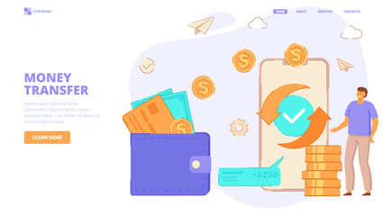 Online money transfer illustration vector illustration concept with character and smartphone. Concept for landing page, template, ui, web, mobile app, poster, banner, flyer.