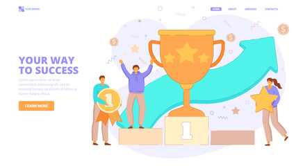 Cup, triumph, winner flat vector illustration with character. Your way to success concept for landing page, template, ui, web, mobile app, poster, banner, flyer.