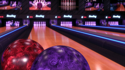 The bowling ball is ready to strike. Picture of bowling ball hitting pins scoring a strike. Bowling 3D Rendering