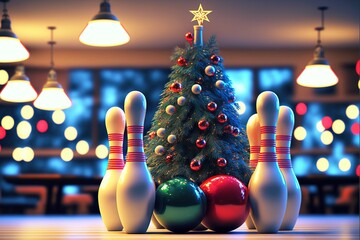 
A game of bowling near the Christmas tree. Bowling, skittles and ball in Christmas style. 3D render illustration.