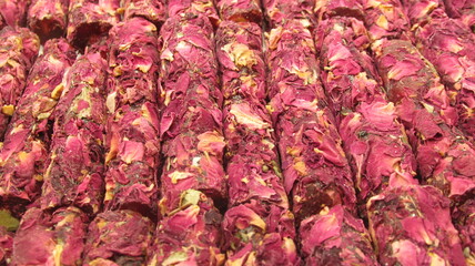 Closeup / macro shot of flaky Turkish candy rolls