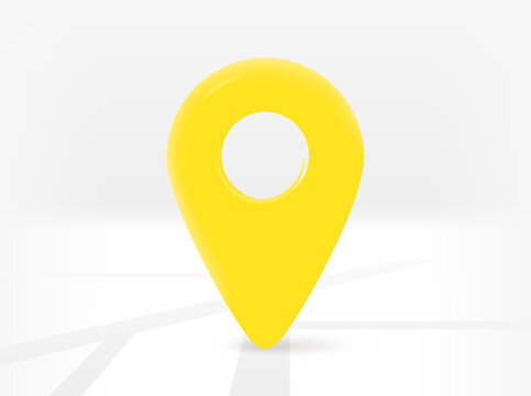 Yellow location pin with road map. 3d vector isolated illustration