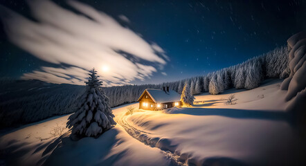 Winter house in mountain snow panoramic landscape at Christmas. House in the mountains on Christmas night
