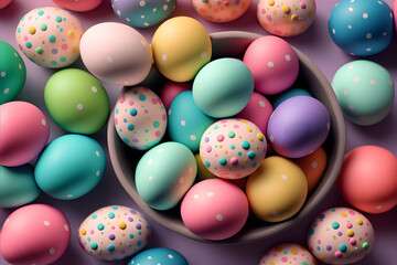 Fototapeta na wymiar Easter painted eggs, Happy easter, top down view table, 3D illustration digital generative ai design art style