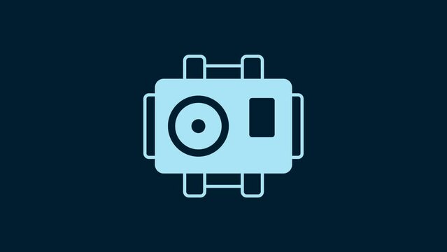 White Photo camera for diver icon isolated on blue background. Foto camera icon. Diving underwater equipment. 4K Video motion graphic animation
