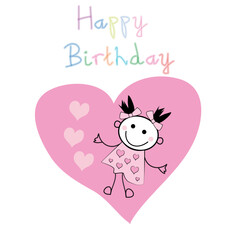 Obraz na płótnie Canvas Felicitación de cumpleaños con niña feliz y corazón rosa.