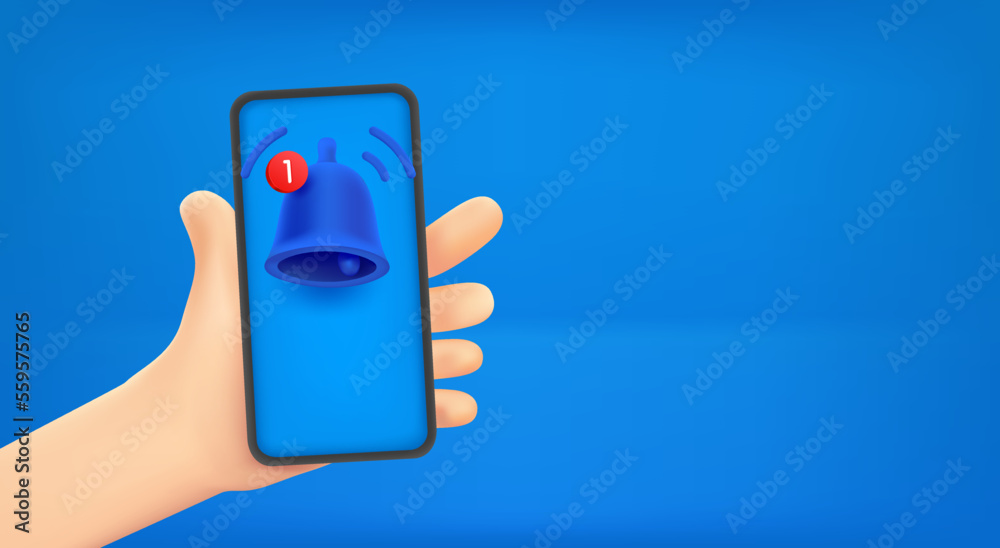 Poster Man holding smartphone with new messeges notification. Vector banner with copy space