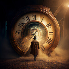 Time travel. Jump into the time portal in hours. High quality illustration - obrazy, fototapety, plakaty