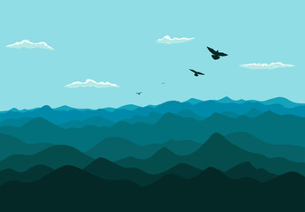 Fototapeta na wymiar Mountains and flying birds. Vector illustration