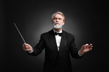 Professional conductor with baton on black background - obrazy, fototapety, plakaty