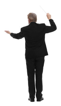 Professional conductor with baton on white background, back view