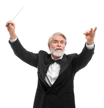 Professional conductor with baton on white background