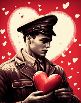 Retro card, soldier with love heart - Generative AI