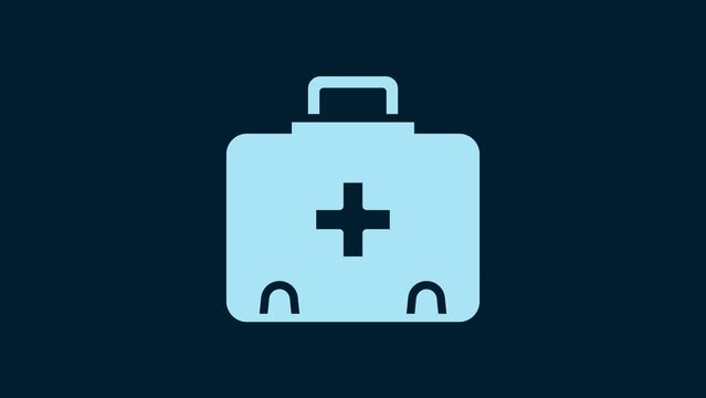 White First aid kit icon isolated on blue background. Medical box with cross. Medical equipment for emergency. Healthcare concept. 4K Video motion graphic animation