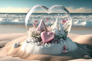 Fairytale castle in a clear glass heart on white sand beach, sky and seascape. Digital artwork	