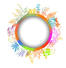 Round frame for text with colored flowers and grass. Place for your text. Vector illustration