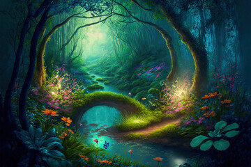 Fantasy fairy tale background. Fantasy enchanted forest with magical luminous plants, built ancient mighty trees covered with moss, with beautiful houses, butterflies and fireflies fly in the air.  © Katynn
