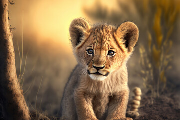 Obraz premium Adorable baby African lion cub on an savannah. Digital artwork 