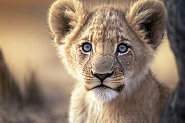 Adorable baby African lion cub on an savannah. Digital artwork
