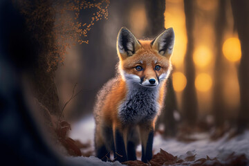 Naklejka na ściany i meble Red Fox - vulpes vulpes, close-up portrait with bokeh in the background. Digital art 
