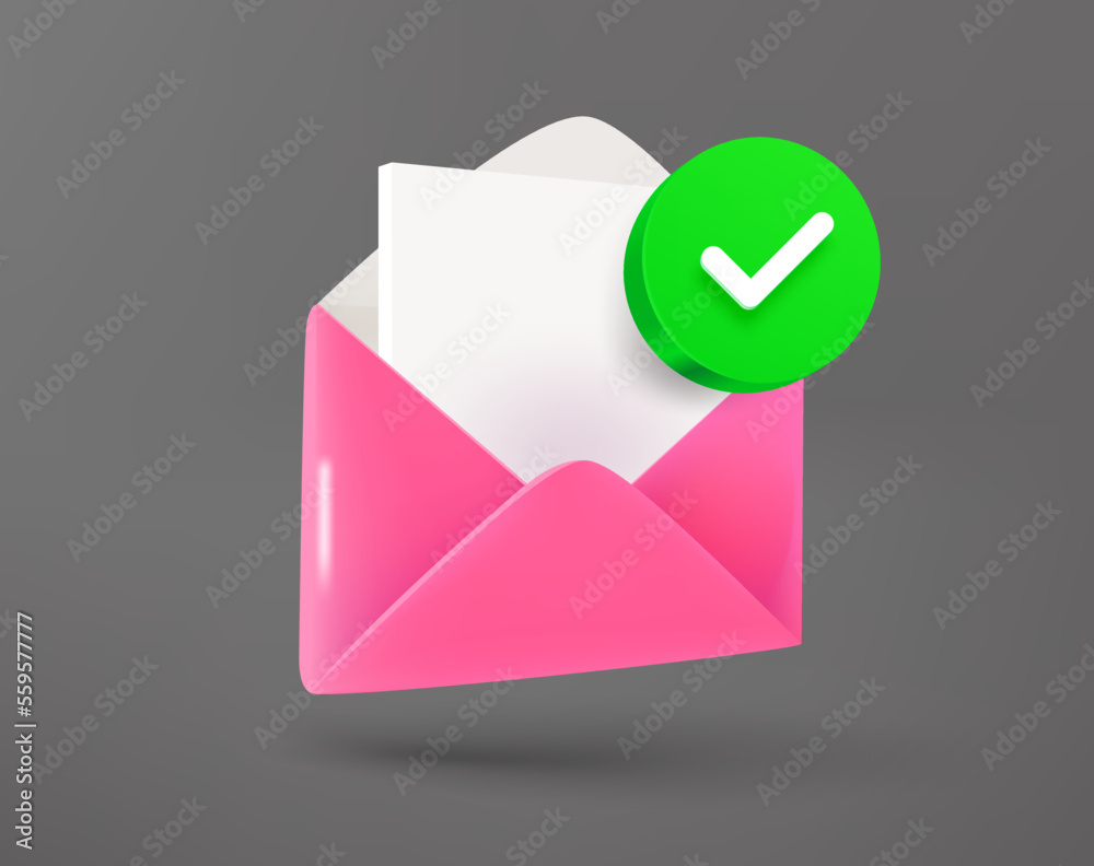 Poster Pink envelope with paper sheet with green checkmark. 3d vector icon