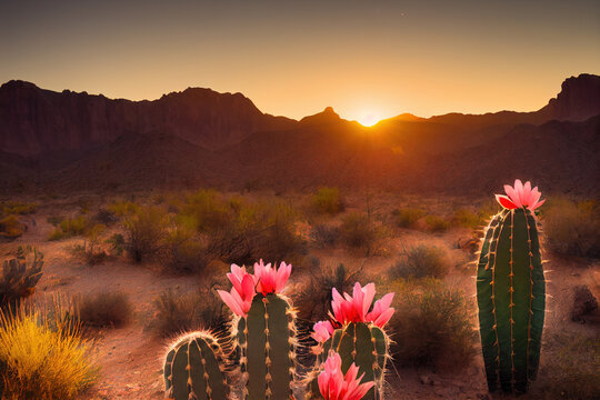 Cactus flower in desert with mountains in background with sunset, Generative AI