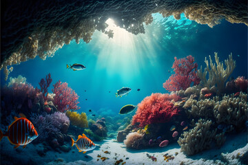 Fototapeta na wymiar Colorful tropical fish coral scene background, Life in the coral reef underwater, sunlight, clear water ocean, travel concept, illustration digital generative ai design art style