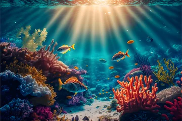 Küchenrückwand glas motiv Colorful tropical fish coral scene background, Life in the coral reef underwater, sunlight, clear water ocean, travel concept, illustration digital generative ai design art style © Luc.Pro