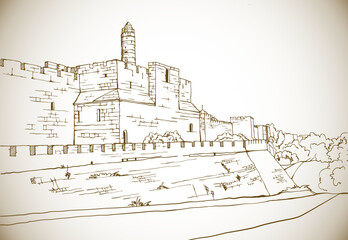 Naklejka premium Old walls of Jerusalem, sepia vector illustration in hand drawn style. Ancient walls. Jerusalem, Israel. Urban landscape sketch. Line art. Ink drawing on white.